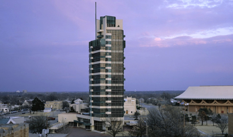 Frank Lloyd Wright 1956: Price Tower in Bartlesville, OK. This was Wright's only constructed high-rise tower. Note banding at alternating floors that stretches around tower.